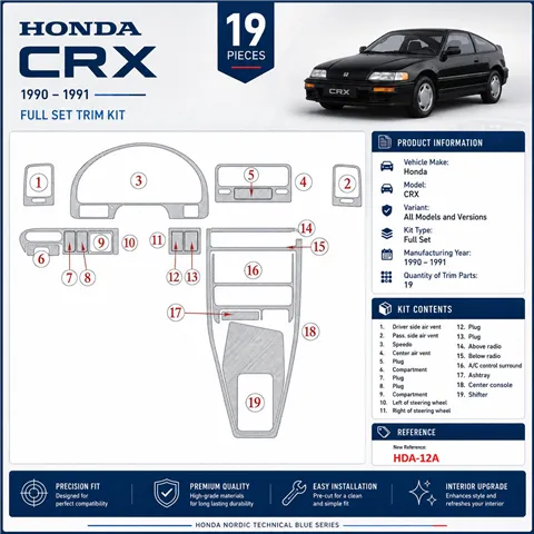 Honda CRX 1990-1991 set completo kit rivestimento cruscotto e interni 3D 19 pezzi