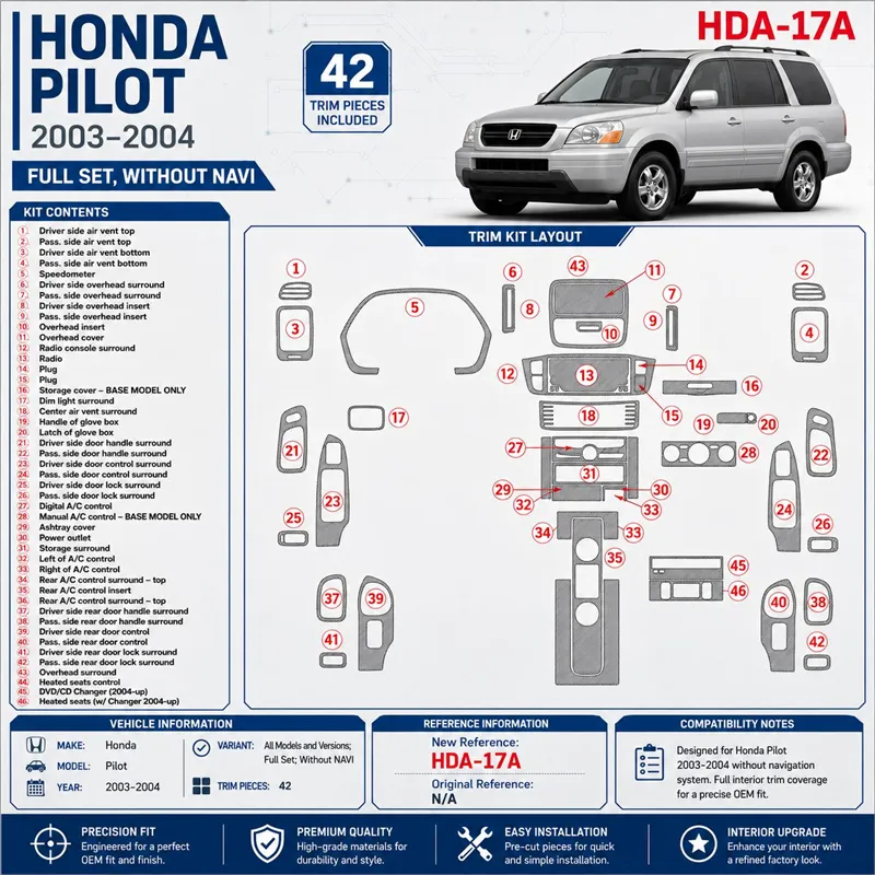 Honda Pilot 2003-2004 set completo; senza navigatore kit rivestimento cruscotto e interni 3D 42 pezzi