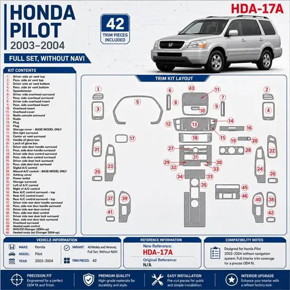 Honda Pilot 2003-2004 set completo; senza navigatore kit rivestimento cruscotto e interni 3D 42 pezzi