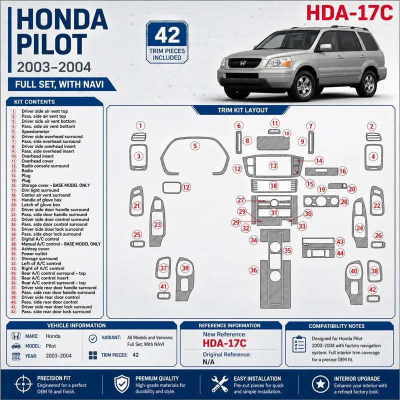 Honda Pilot 2003-2004 set completo; con navigatore kit rivestimento cruscotto e interni 3D 42 pezzi