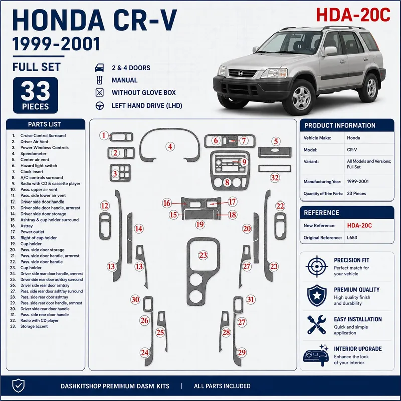 Honda CR-V 1999-2001 set completo kit rivestimento cruscotto e interni 3D 33 pezzi