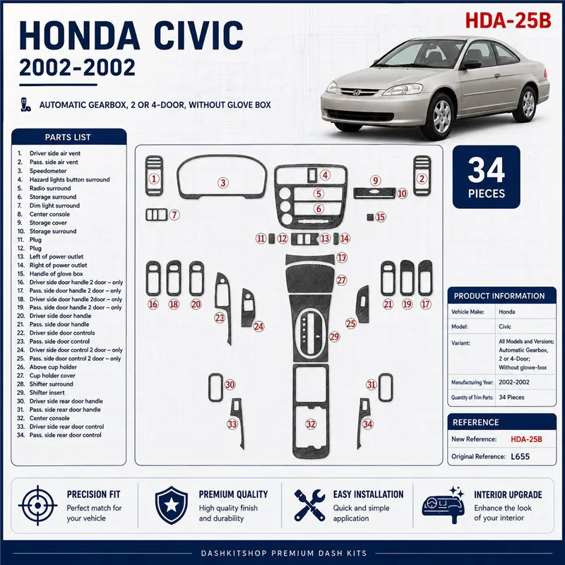 Honda Civic 2002-2002 cambio automatico, 2 or 4-Door; senza glowe-box kit rivestimento cruscotto e interni 3D 34 pezzi