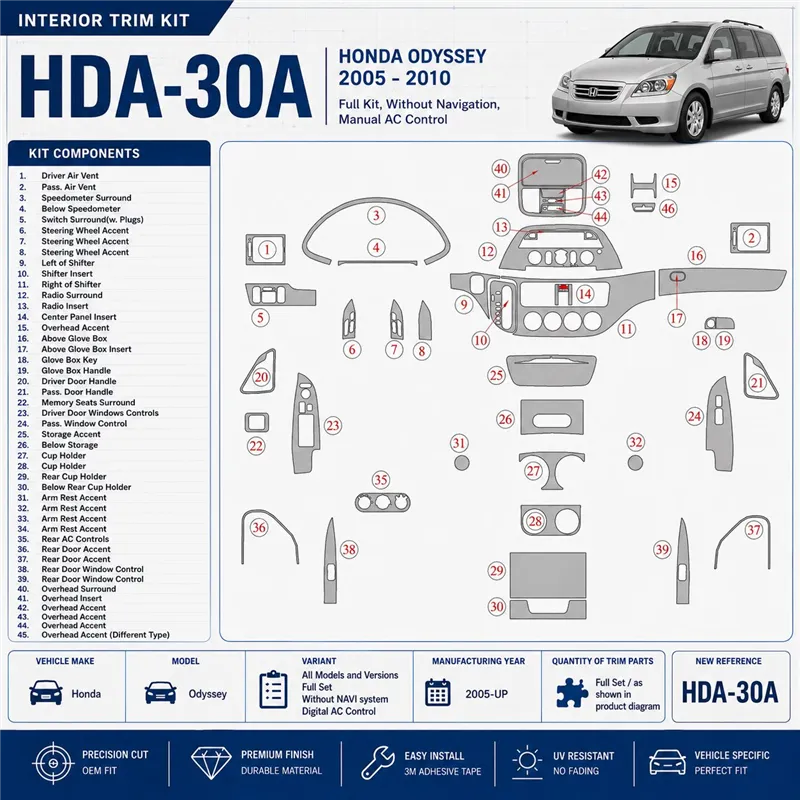 Honda Odyssey 2005-in poi set completo; senza sistema di navigazione; Didital comandi climatizzatore kit rivestimento cruscotto 