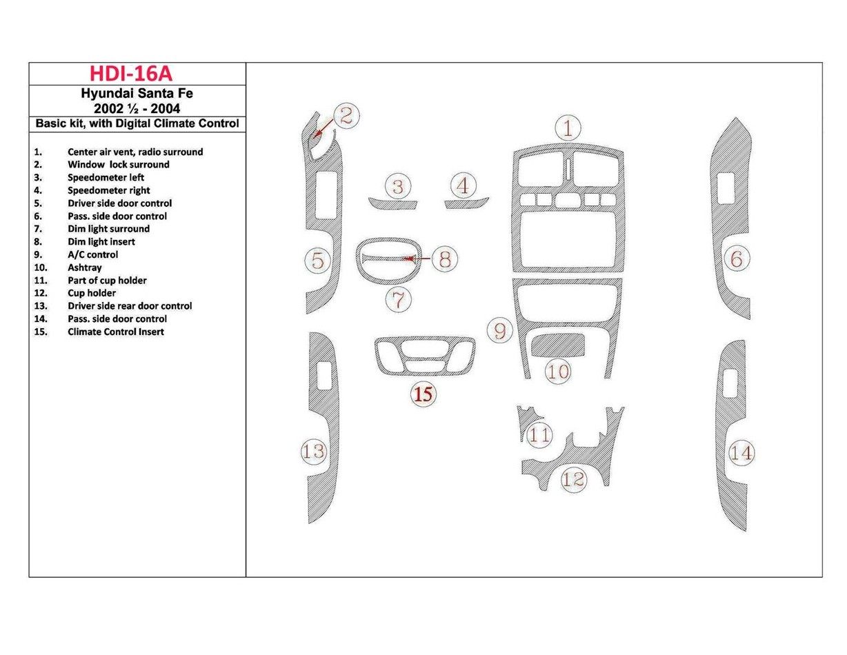 Hyundai Santa Fe 2002-2004 Basic Set, With Manual Gearbox Climate Control, 15 Parts set Cruscotto BD Rivestimenti interni