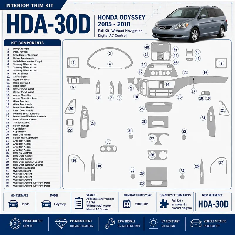 Honda Odyssey 2005-in poi set completo; senza sistema di navigazione; Manual comandi climatizzatore kit rivestimento cruscotto e