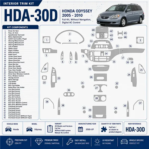 Honda Odyssey 2005-in poi set completo; senza sistema di navigazione; Manual comandi climatizzatore kit rivestimento cruscotto e