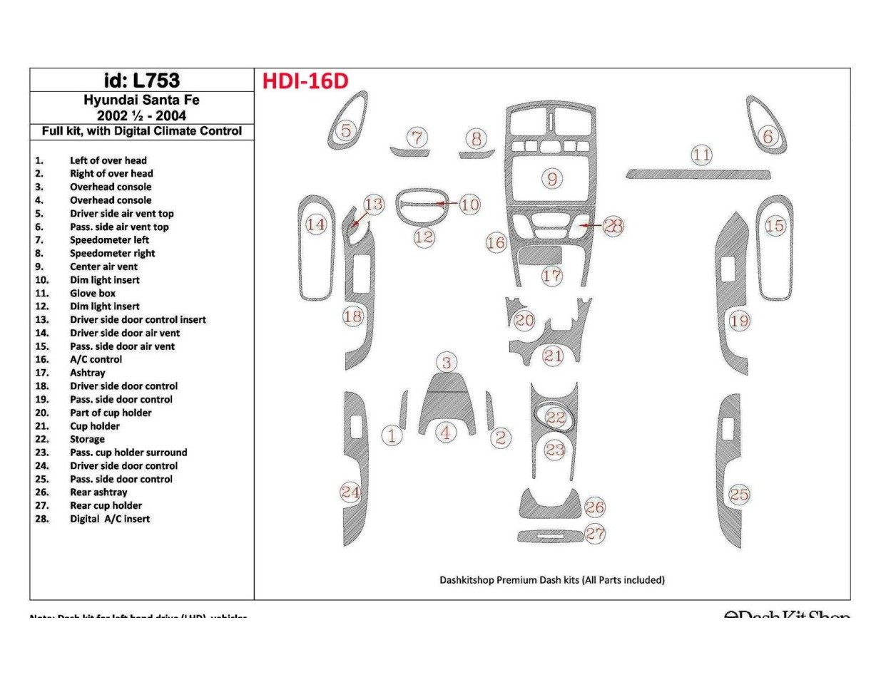 Hyundai Santa Fe 2002-2004 Full Set, With Automatic Climate Control, 29 Parts set Cruscotto BD Rivestimenti interni