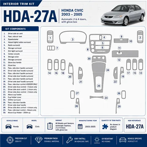 Honda Civic 2003-2005 cambio automatico, 2 or 4-Door; con glowe-box kit rivestimento cruscotto e interni 3D