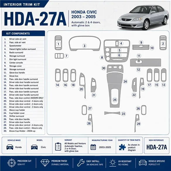 Honda Civic 2003-2005 cambio automatico, 2 or 4-Door; con glowe-box kit rivestimento cruscotto e interni 3D