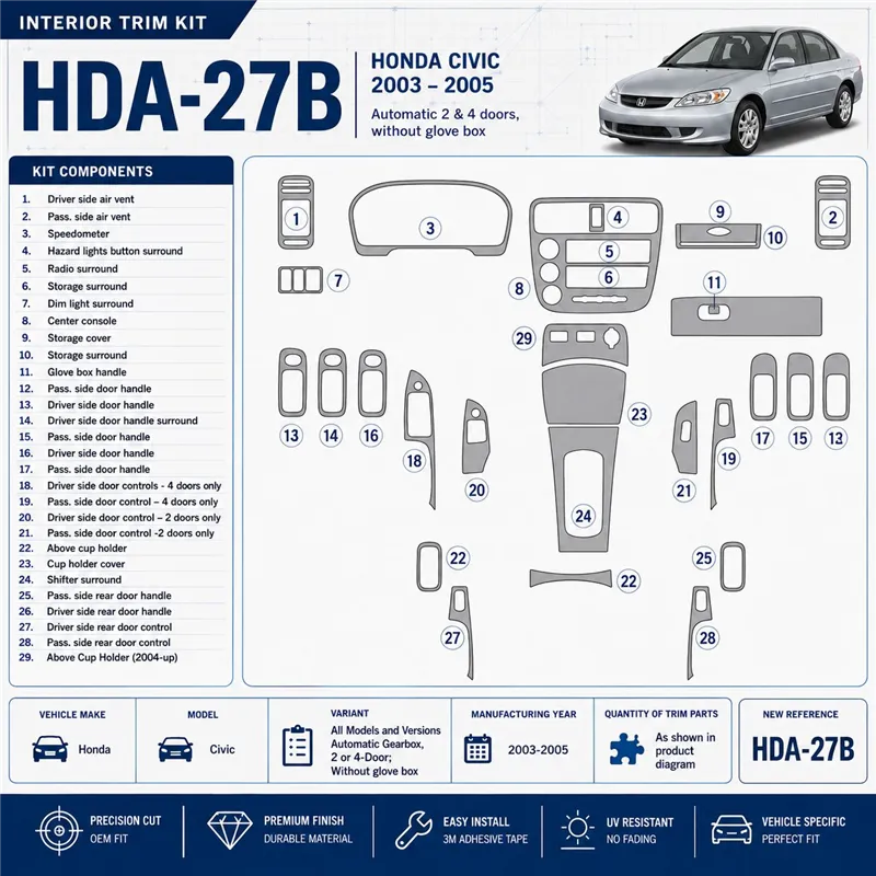 Honda Civic 2003-2005 cambio automatico, 2 or 4-Door; senza glowe-box kit rivestimento cruscotto e interni 3D