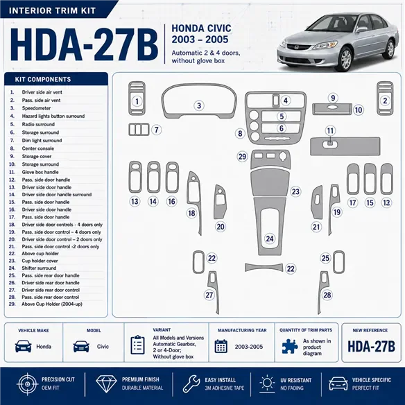 Honda Civic 2003-2005 cambio automatico, 2 or 4-Door; senza glowe-box kit rivestimento cruscotto e interni 3D