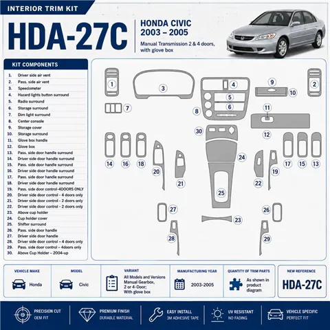 Honda Civic 2003-2005 cambio manuale, 2 or 4-Door; con glowe-box kit rivestimento cruscotto e interni 3D