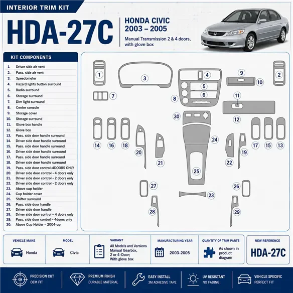 Honda Civic 2003-2005 cambio manuale, 2 or 4-Door; con glowe-box kit rivestimento cruscotto e interni 3D