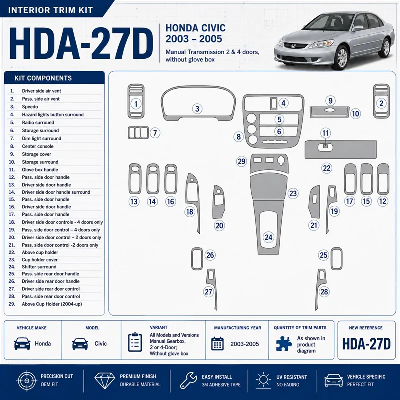 Honda Civic 2003-2005 cambio manuale, 2 or 4-Door; Withouth glowe-box kit rivestimento cruscotto e interni 3D