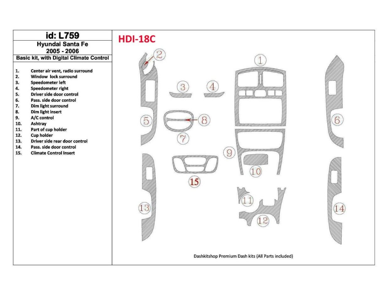 Hyundai Santa Fe 2005-2006 Basic Set, With Automatic Climate Control Cruscotto BD Rivestimenti interni