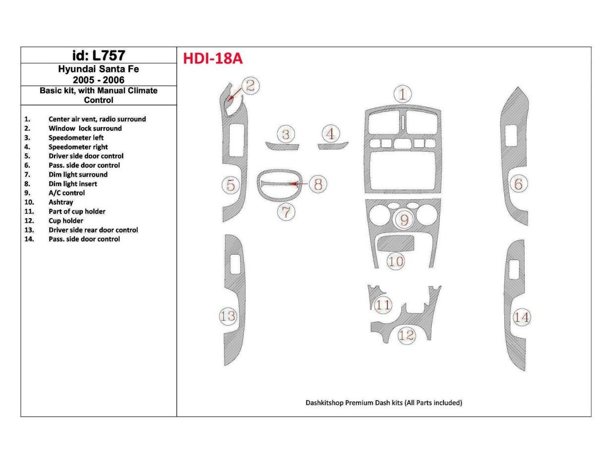 Hyundai Santa Fe 2005-2006 Basic Set, With Manual Gearbox Climate Control Cruscotto BD Rivestimenti interni