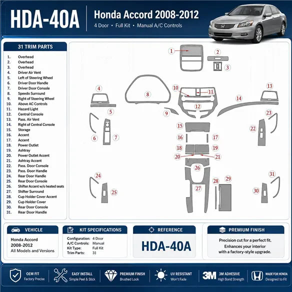 Honda Accord 2008-2012 set completo, 4-Door; cambio manuale comandi climatizzatore kit rivestimento cruscotto e interni 3D