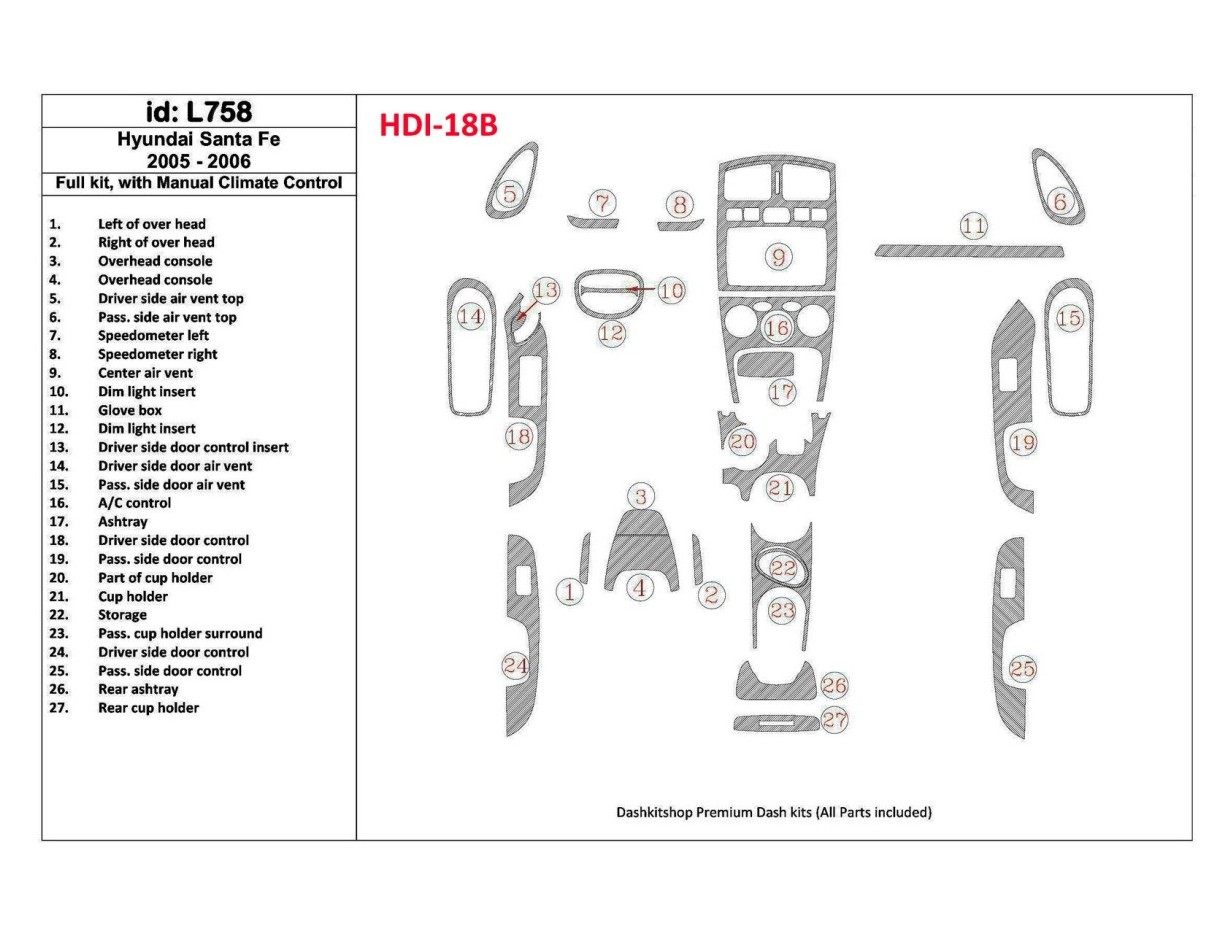 Hyundai Santa Fe 2005-2006 Full Set, With Manual Gearbox Climate Control Cruscotto BD Rivestimenti interni