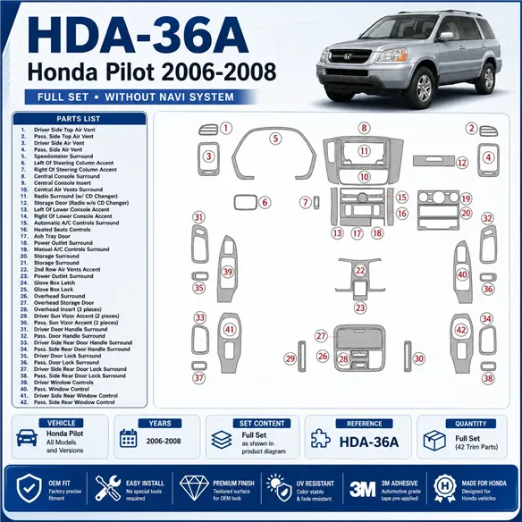 Honda Pilot 2006-2008 set completo; senza sistema di navigazione kit rivestimento cruscotto e interni 3D