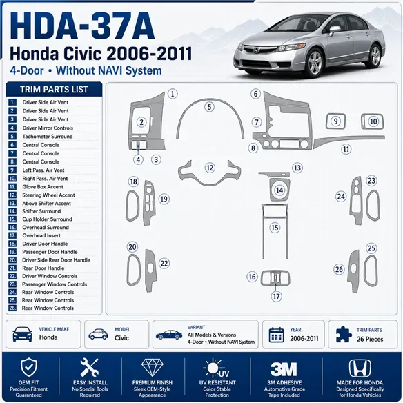Honda Civic 2006-2011 4-Door; senza sistema di navigazione kit rivestimento cruscotto e interni 3D