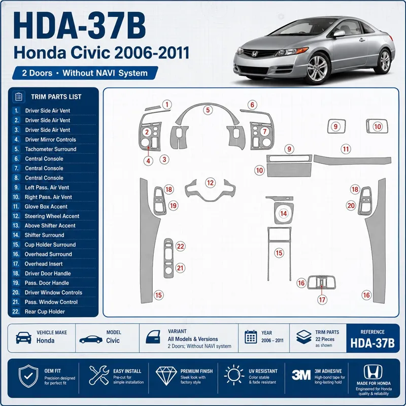 Honda Civic 2006-2011 2 porte; senza sistema di navigazione kit rivestimento cruscotto e interni 3D