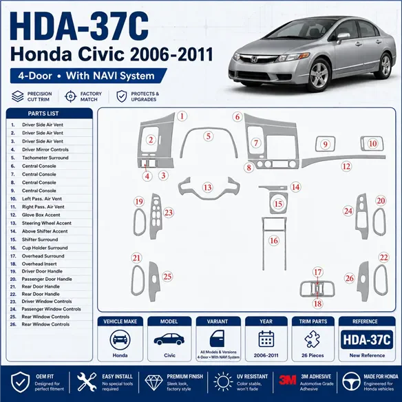 Honda Civic 2006-2011 4-Door; con sistema di navigazione kit rivestimento cruscotto e interni 3D
