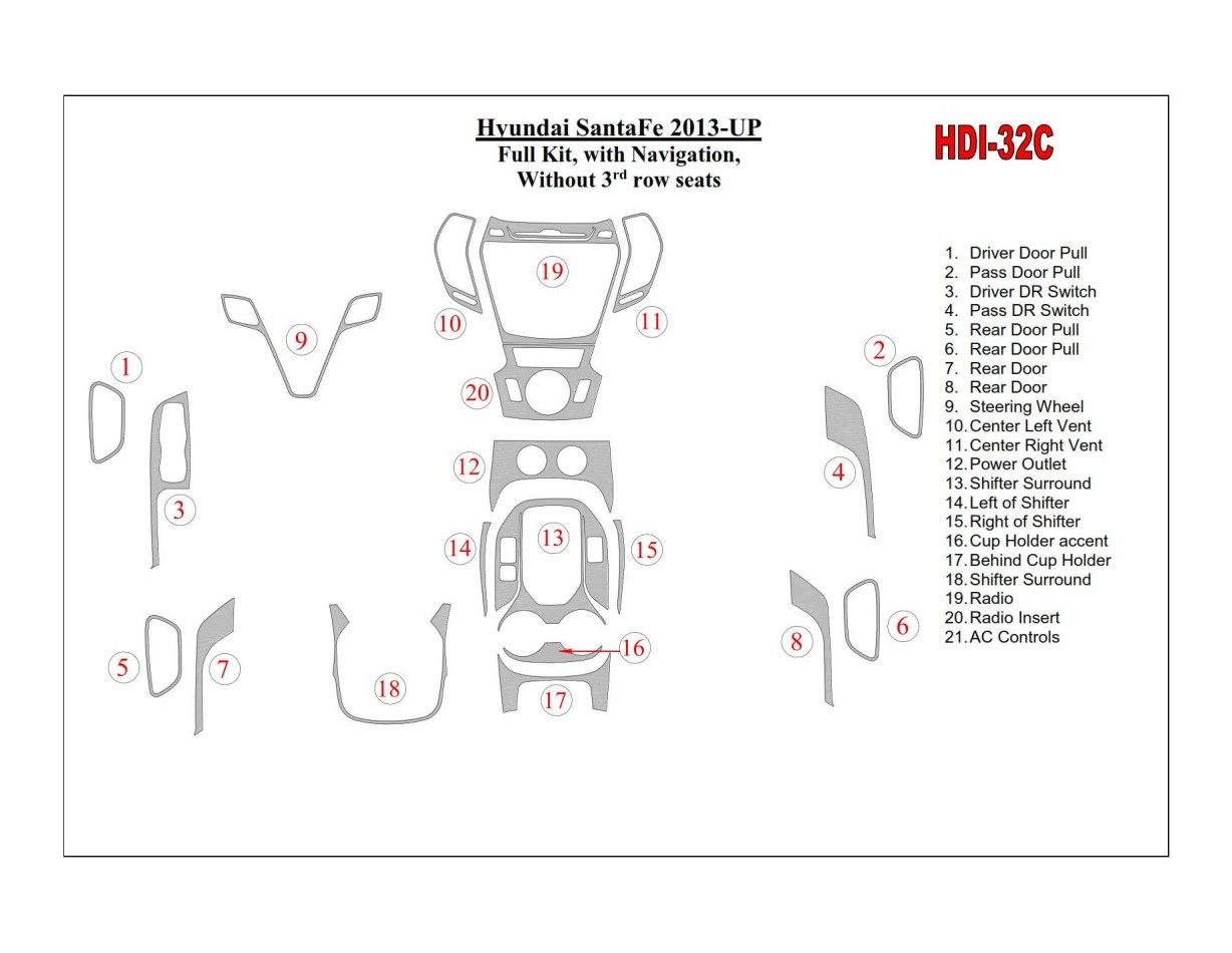 Hyundai Santa Fe 2013-UP Full Set, With NAVI, Without 3 row seats Cruscotto BD Rivestimenti interni