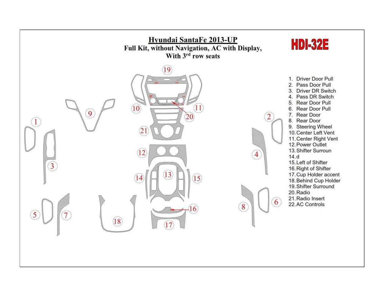 Hyundai Santa Fe 2013-UP Full Set, Without NAVI, Climate-Control With Display, With 3 row seats Cruscotto BD Rivestimenti intern