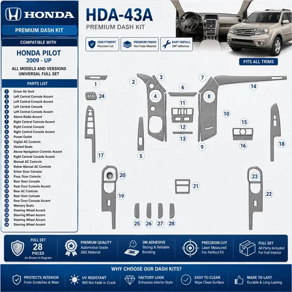 Honda Pilot 2009-in poi Universal set completo kit rivestimento cruscotto e interni 3D