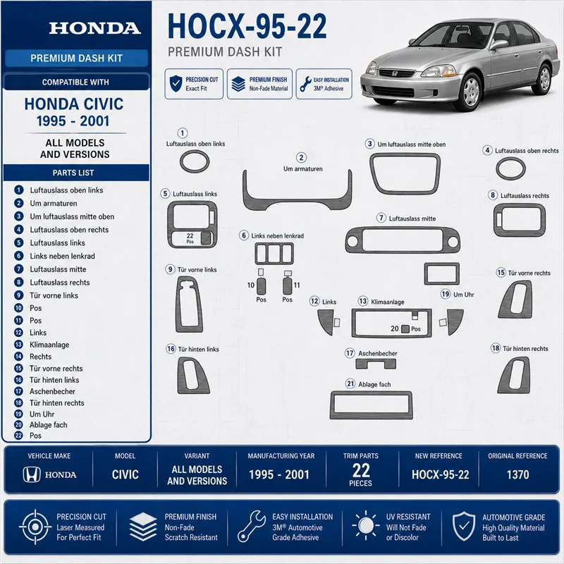 Honda Civic 1995-2001 kit rivestimento cruscotto e interni 3D 22 pezzi