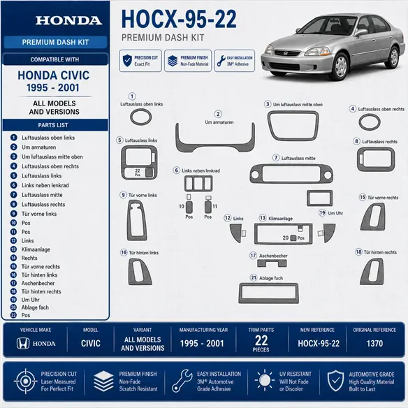 Honda Civic 1995-2001 kit rivestimento cruscotto e interni 3D 22 pezzi