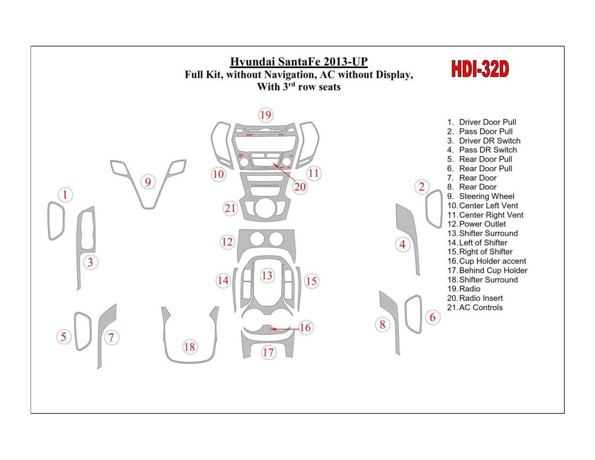Hyundai Santa Fe 2013-UP Full Set, Without NAVI, Climate-Control Without Display, With 3 row seats Cruscotto BD Rivestimenti int