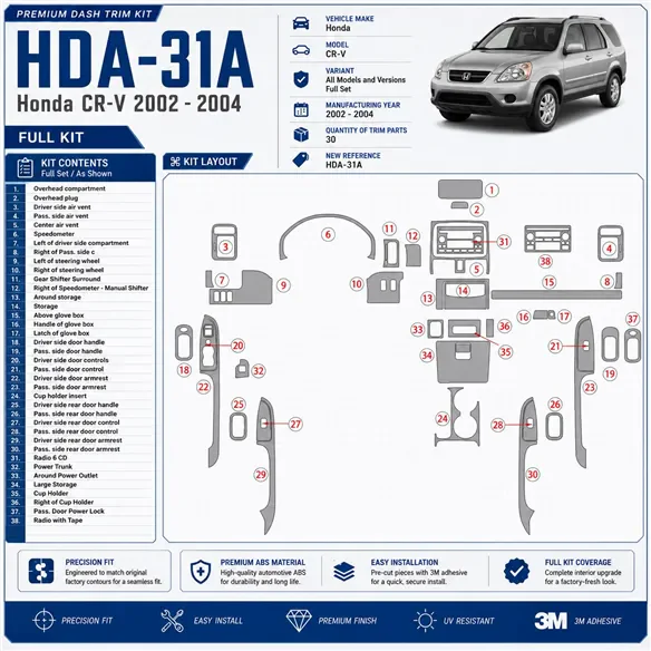 Honda CR-V 2002-2004 set completo kit rivestimento cruscotto e interni 3D 30 pezzi