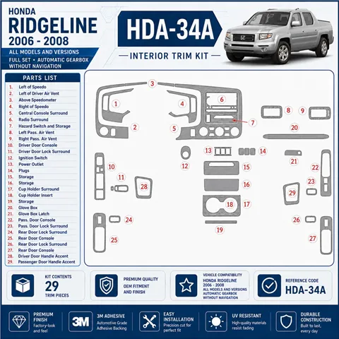 Honda Ridgeline 2006-2008 set completo; cambio automatico; senza navigazione kit rivestimento cruscotto e interni 3D