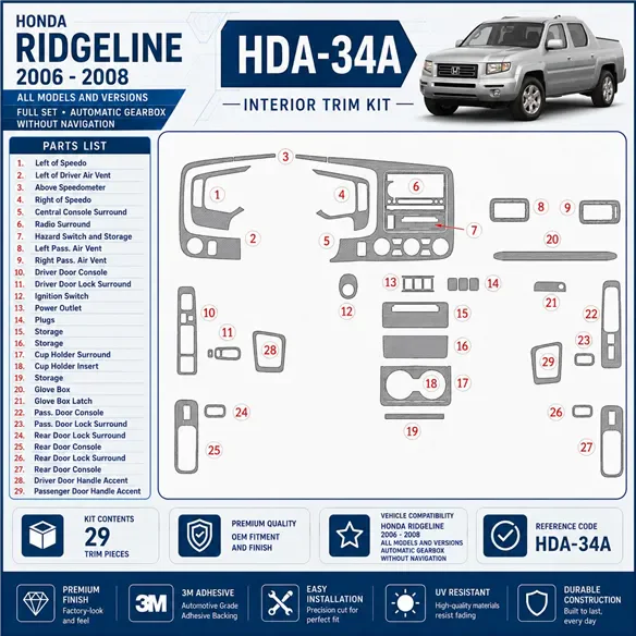 Honda Ridgeline 2006-2008 set completo; cambio automatico; senza navigazione kit rivestimento cruscotto e interni 3D