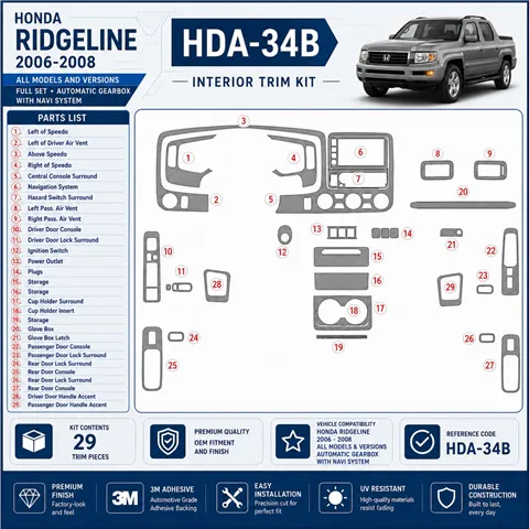 Honda Ridgeline 2006-2008 set completo; cambio automatico; con sistema di navigazione kit rivestimento cruscotto e interni 3D