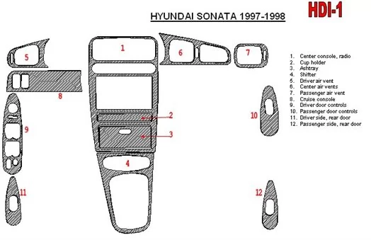 Hyundai Sonata 1997-1998 Full Set, 12 Parts set Cruscotto BD Rivestimenti interni