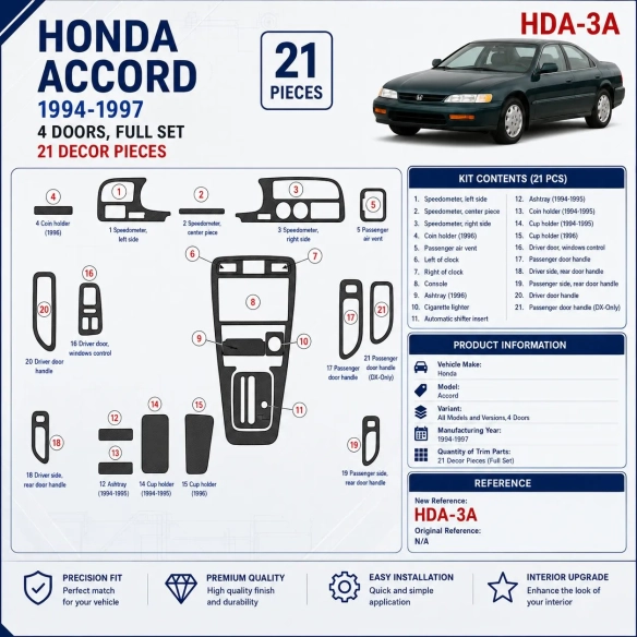 Honda Accord 1994-1997 4-Door; set completo kit rivestimento cruscotto e interni 3D 21 pezzi