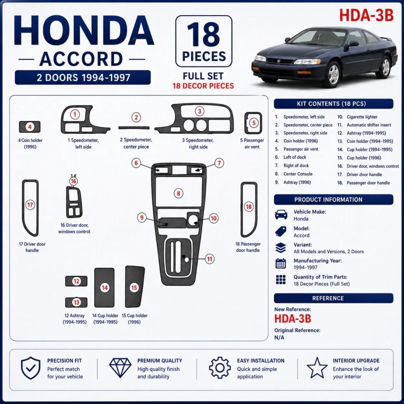 Honda Accord 1994-1997 2 porte; set completo kit rivestimento cruscotto e interni 3D 18 pezzi