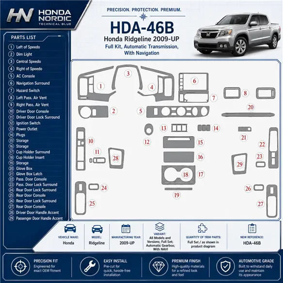 Honda Ridgeline 2009-in poi set completo; cambio automatico; con navigatore kit rivestimento cruscotto e interni 3D