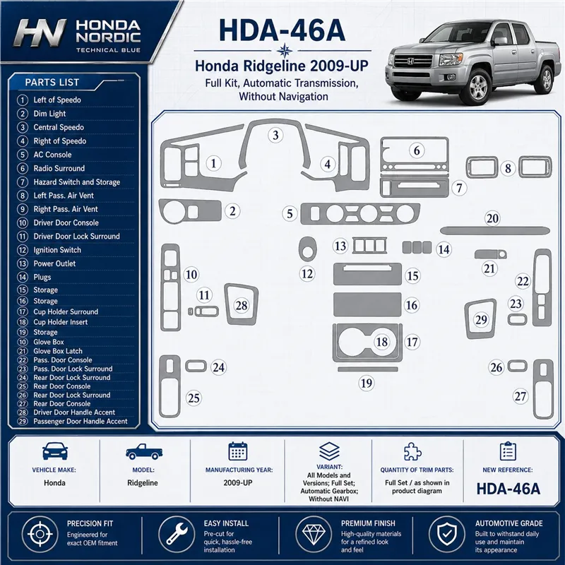 Honda Ridgeline 2009-in poi set completo; cambio automatico; senza navigatore kit rivestimento cruscotto e interni 3D