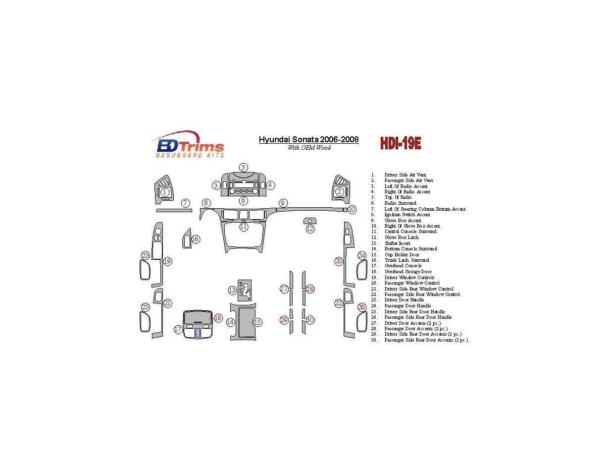 Hyundai Sonata 2006-UP With OEM Wood Kit Cruscotto BD Rivestimenti interni Hyundai Sonata 2006-UP With OEM Wood Kit Cruscotto BD Rivestimenti interni