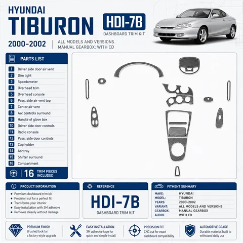 Hyundai Tiburon 2000-2002 cambio manuale; con CD kit rivestimento cruscotto e interni 3D 16 pezzi