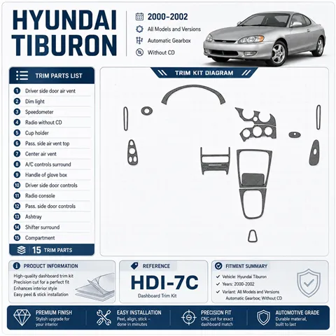 Hyundai Tiburon 2000-2002 cambio automatico; senza CD kit rivestimento cruscotto e interni 3D 15 pezzi