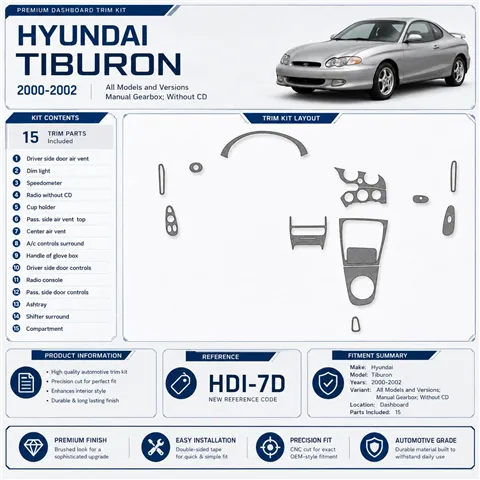 Hyundai Tiburon 2000-2002 cambio manuale; senza CD kit rivestimento cruscotto e interni 3D 15 pezzi