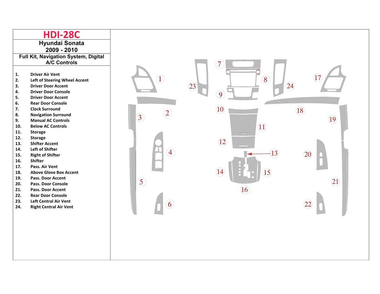 Hyundai Sonata 2009-2010 Full Set, With NAVI, Automatic AC Controls Cruscotto BD Rivestimenti interni