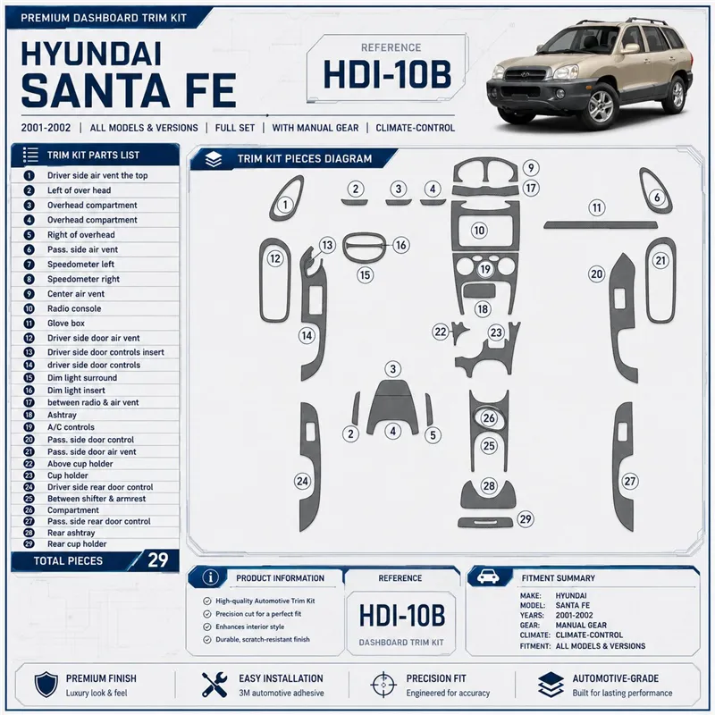 Hyundai Santa Fe 2001-2002 set completo; con cambio manuale; Climate-Control kit rivestimento cruscotto e interni 3D 29 pezzi