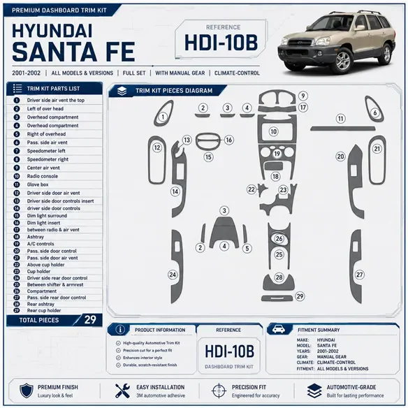 Hyundai Santa Fe 2001-2002 set completo; con cambio manuale; Climate-Control kit rivestimento cruscotto e interni 3D 29 pezzi