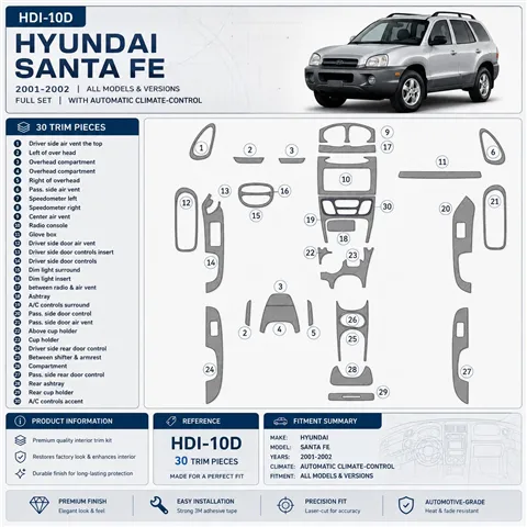 Hyundai Santa Fe 2001-2002 set completo; con Automatic Climate-Control kit rivestimento cruscotto e interni 3D 30 pezzi