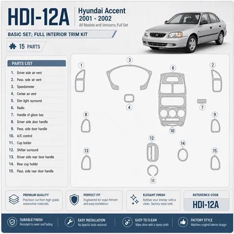 Hyundai Accent 2001-2002 set completo kit rivestimento cruscotto e interni 3D 15 pezzi
